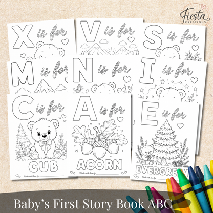 Bear Baby’s First ABC Book Coloring Game Printable | Baby Shower Keepsake Activity | A–Z Alphabet Coloring Pages & Table Sign