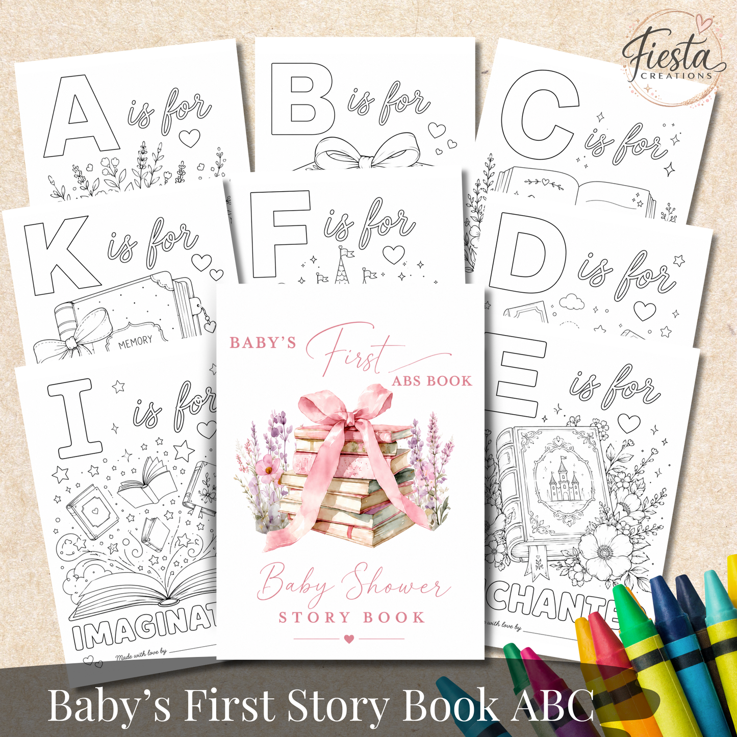 Baby’s First ABC Book Coloring Game Printable | Baby Shower Keepsake Activity | A–Z Alphabet Coloring Pages & Table Sign