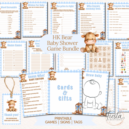Blue Plaid Cowboy Baby Shower Games Bundle | 17 Games | 10 Signs + Bonus Thank You Tags Printable Files