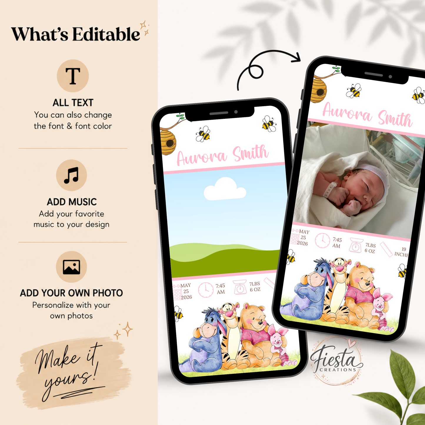 Winnie Watercolor Editable Baby Birth Announcement Video Template | Newborn Announcement | Baby Introduction for Social Media | Canva Editable Template