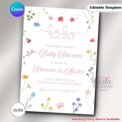 Baby In Bloom Pink Invitation | 5x7 Editable Template | Instant Download