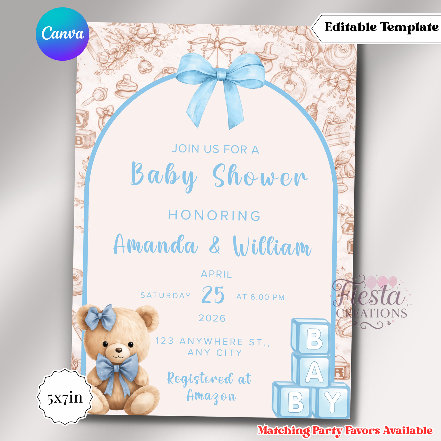 Blue Teddy Bear Invitation | 5x7 Editable Template | Instant Download