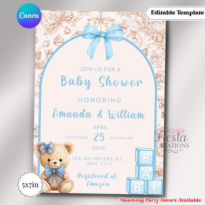 Blue Teddy Bear Invitation | 5x7 Editable Template | Instant Download