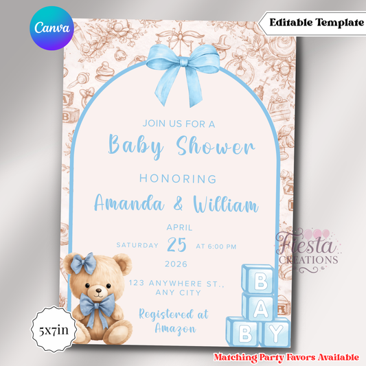 Blue Teddy Bear Invitation | 5x7 Editable Template | Instant Download