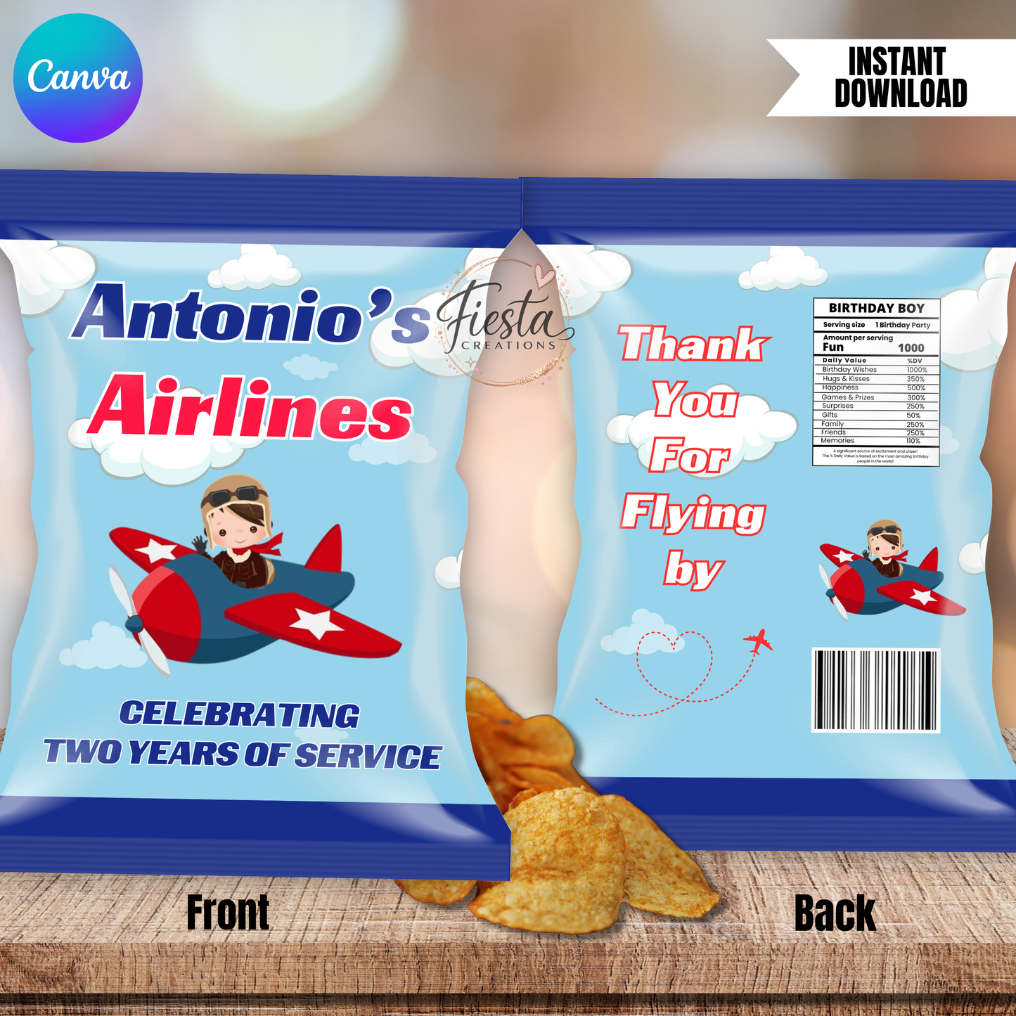 Airplane Birthday Chip Bag | Editable Chip Bag Template | DIY Party Favor Wrapper