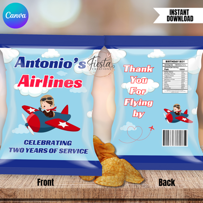 Airplane Birthday Chip Bag | Editable Chip Bag Template | DIY Party Favor Wrapper
