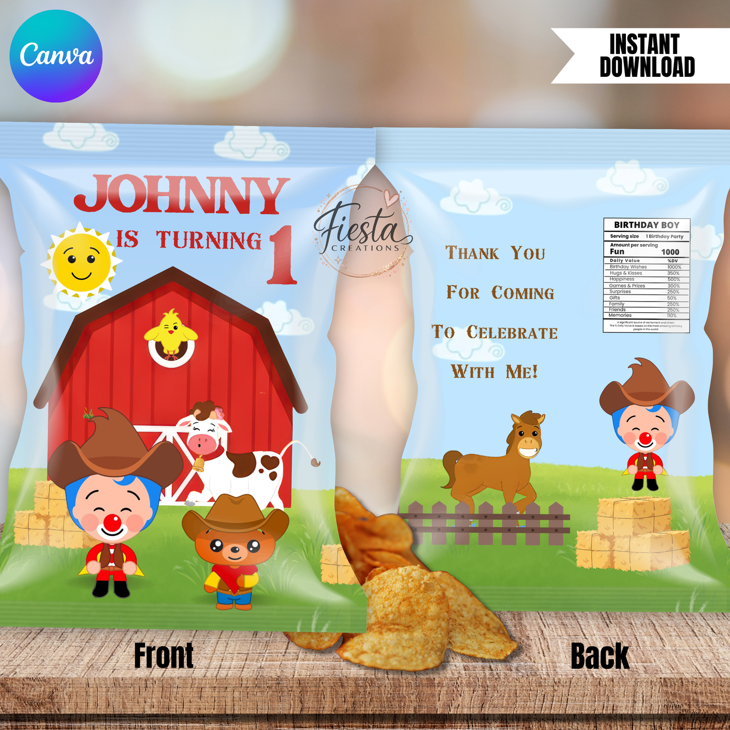 Plim Cowboy Birthday Chip Bag | Editable Chip Bag Template | DIY Party Favor Wrapper