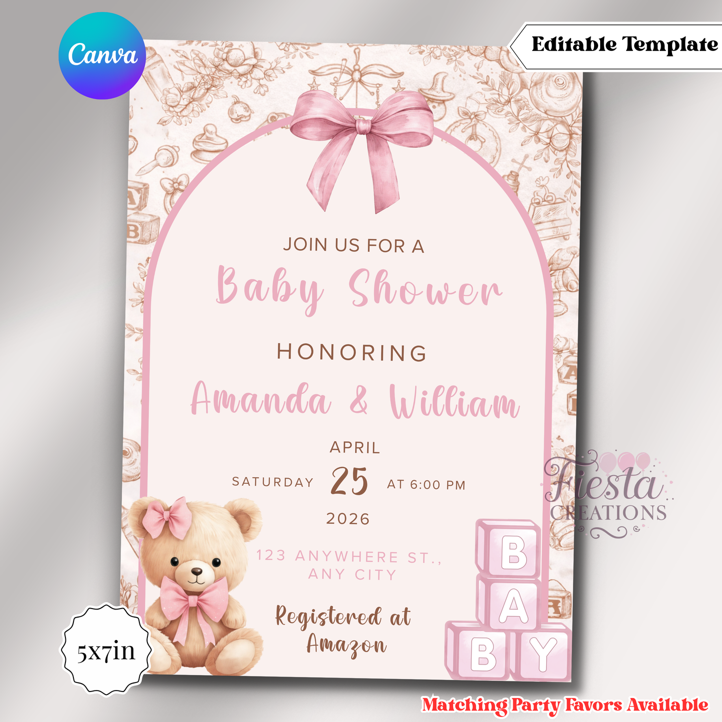Pink Teddy Bear Invitation | 5x7 Editable Template | Instant Download