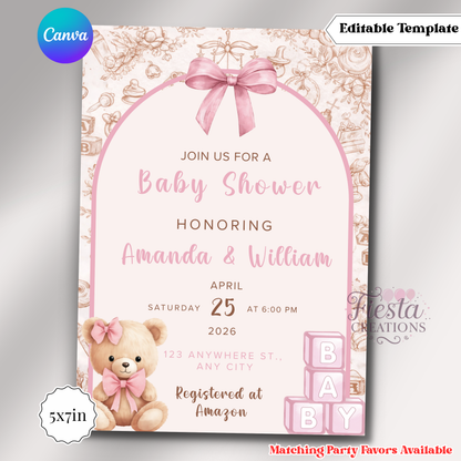 Pink Teddy Bear Invitation | 5x7 Editable Template | Instant Download