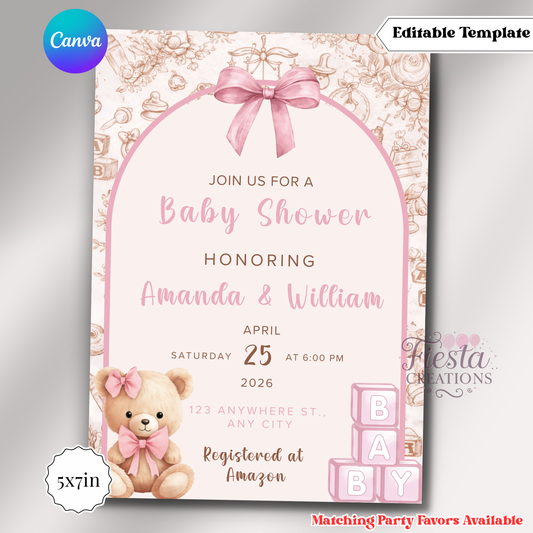 Pink Teddy Bear Invitation | 5x7 Editable Template | Instant Download
