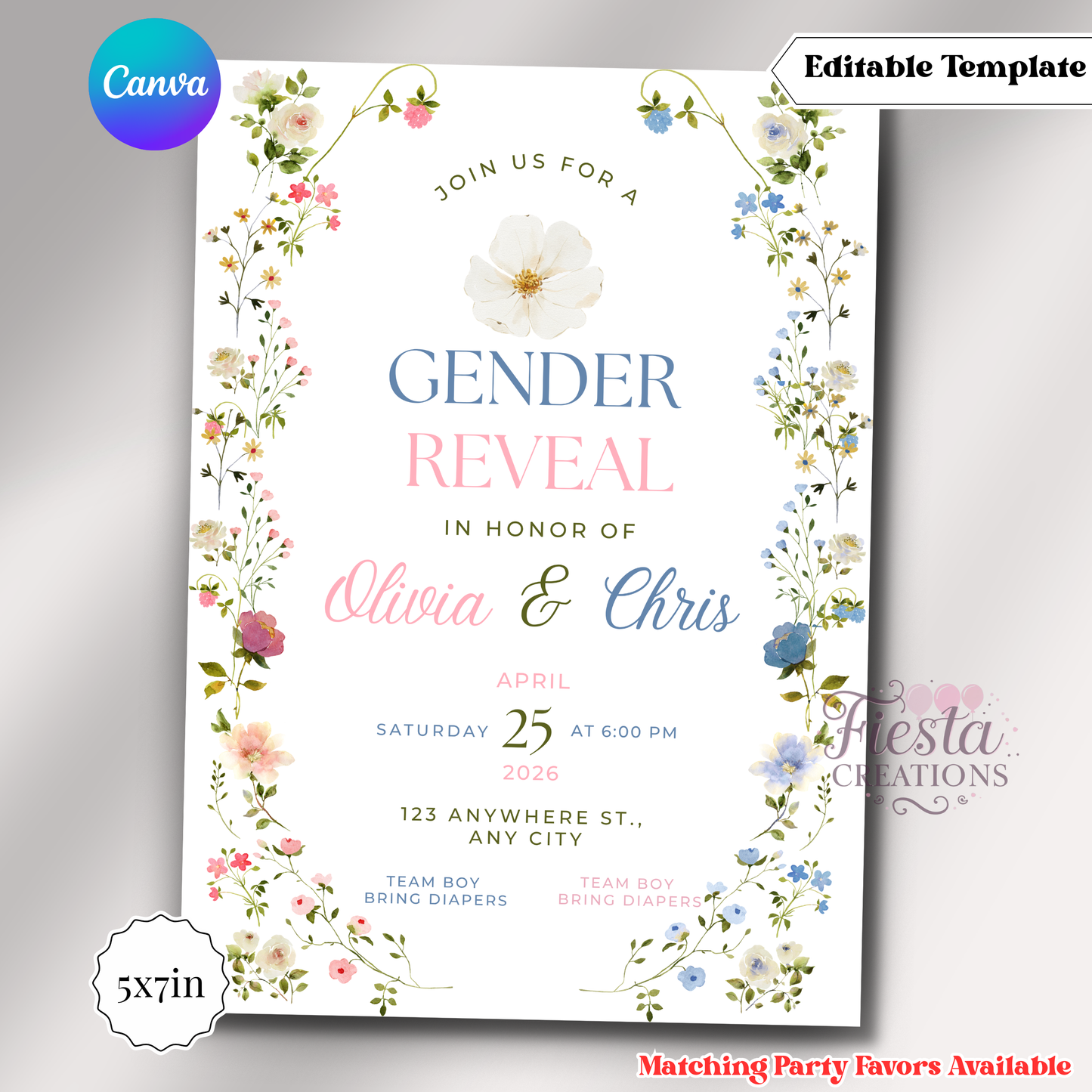 Baby In Bloom Gender Reveal Invitation | 5x7 Editable Template | Instant Download