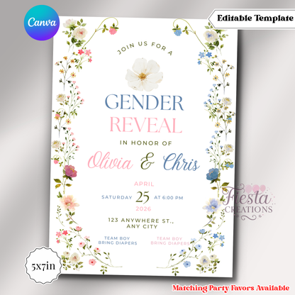 Baby In Bloom Gender Reveal Invitation | 5x7 Editable Template | Instant Download