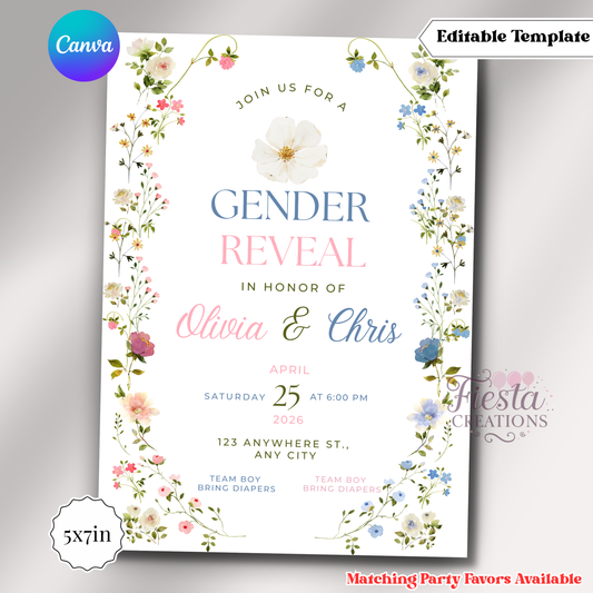 Baby In Bloom Gender Reveal Invitation | 5x7 Editable Template | Instant Download