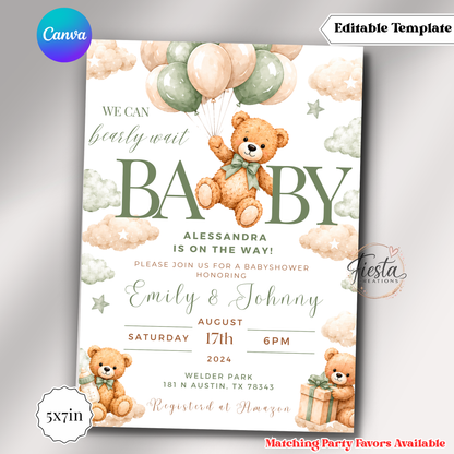 Sage Green We Can Bearly Wait | 5x7 Editable Template | Instant Download