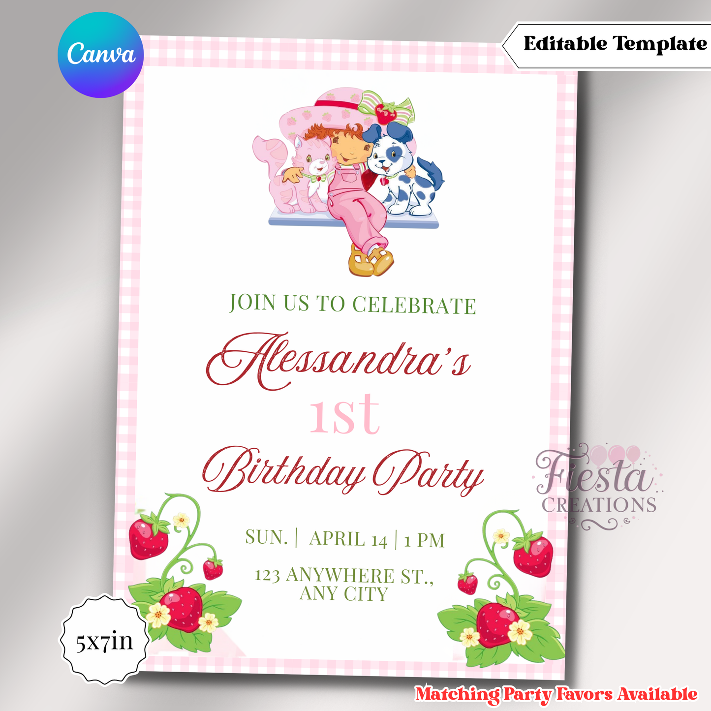 Strawberry 1st Birthday Invitation | 5x7 Editable Template | Instant Download