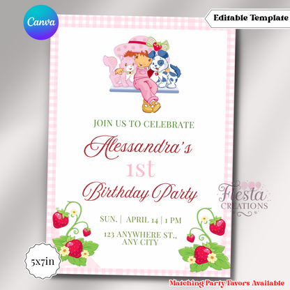 Strawberry 1st Birthday Invitation | 5x7 Editable Template | Instant Download
