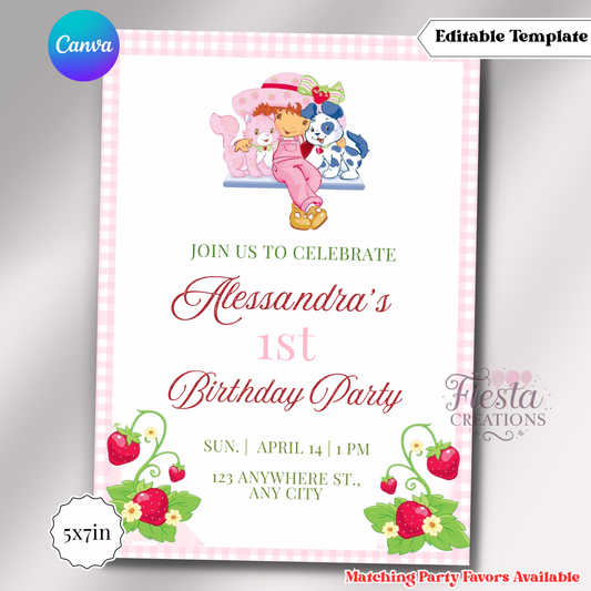 Strawberry 1st Birthday Invitation | 5x7 Editable Template | Instant Download