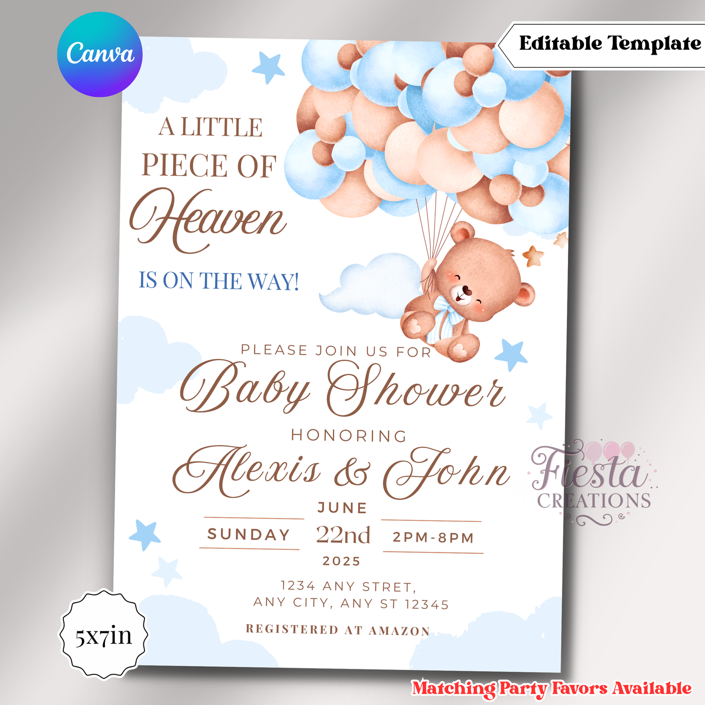 Blue Bear A little Piece Of Heaven Invitation | 5x7 Editable Template | Instant Download
