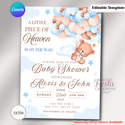 Blue Bear A little Piece Of Heaven Invitation | 5x7 Editable Template | Instant Download