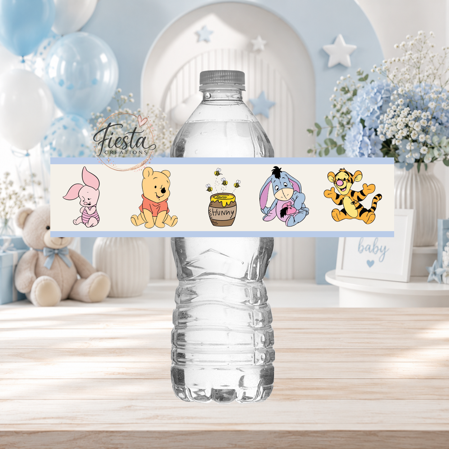 Winnie Blue Baby Shower Water Bottle Labels Template | Editable Canva Template | Baby Shower Party Decorations