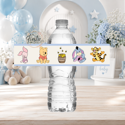 Winnie Blue Baby Shower Water Bottle Labels Template | Editable Canva Template | Baby Shower Party Decorations