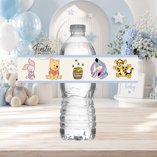 Winnie Blue Baby Shower Water Bottle Labels Template | Editable Canva Template | Baby Shower Party Decorations