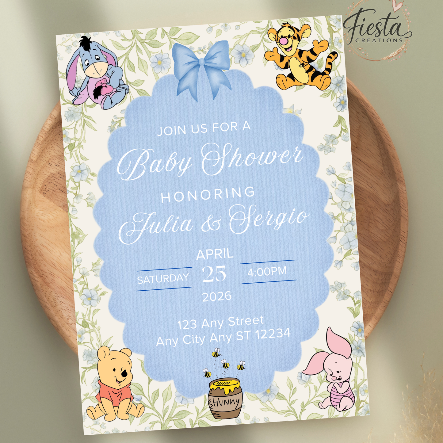 Blue Winnie Baby Shower 5x7in Invitation