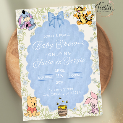 Blue Winnie Baby Shower 5x7in Invitation