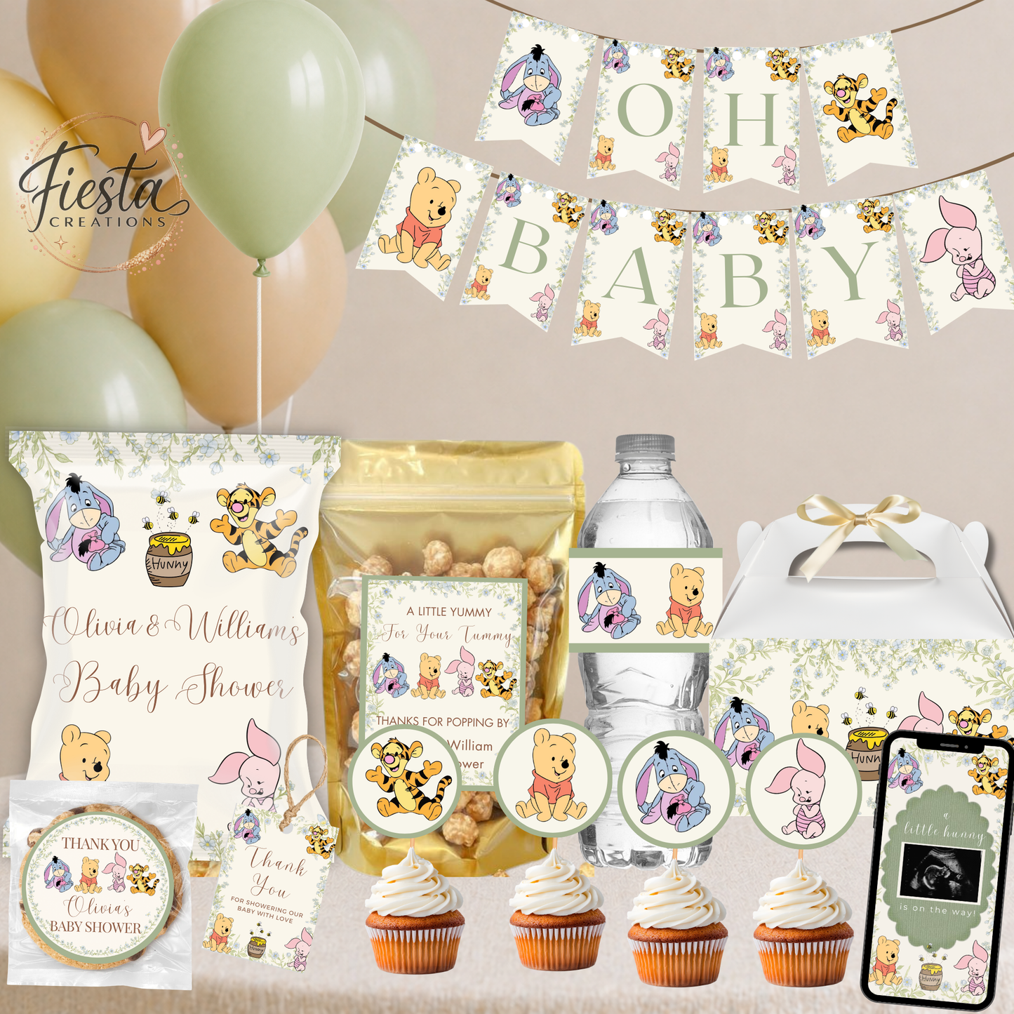 Green Winnie Baby Shower Mega Bundle | Editable Templates
