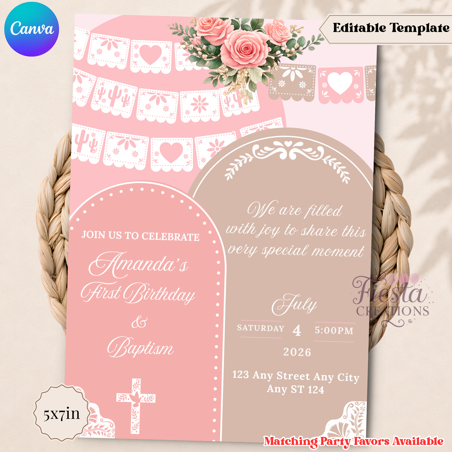 Pink Baptism 5x7in Invitation Template | 5x7inEditable Template | Instant Download