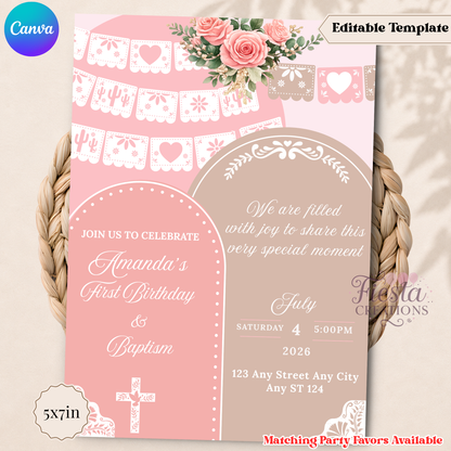 Pink Baptism 5x7in Invitation Template | 5x7inEditable Template | Instant Download
