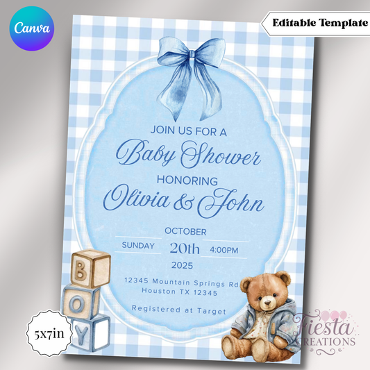 Blue Bear Baby Shower | 5x7 Editable Template | Instant Download