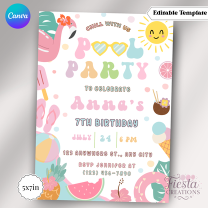 Retro Pool Party 5x7in Invitation Template