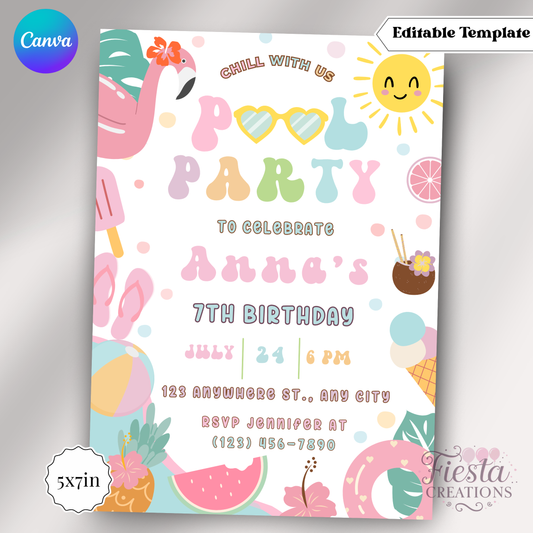 Retro Pool Party 5x7in Invitation Template