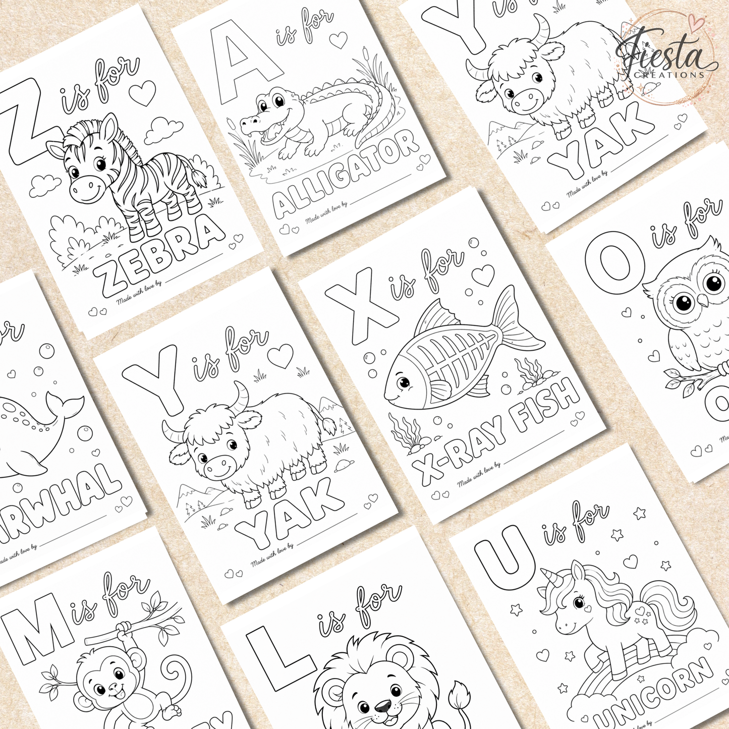 Animal Baby’s First ABC Book Coloring Game Printable | Baby Shower Keepsake Activity | A–Z Alphabet Coloring Pages & Table Sign