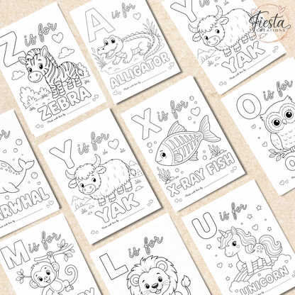Animal Baby’s First ABC Book Coloring Game Printable | Baby Shower Keepsake Activity | A–Z Alphabet Coloring Pages & Table Sign