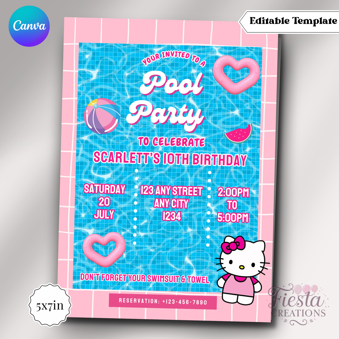 Pink Pool Party 5x7in Invitation Template
