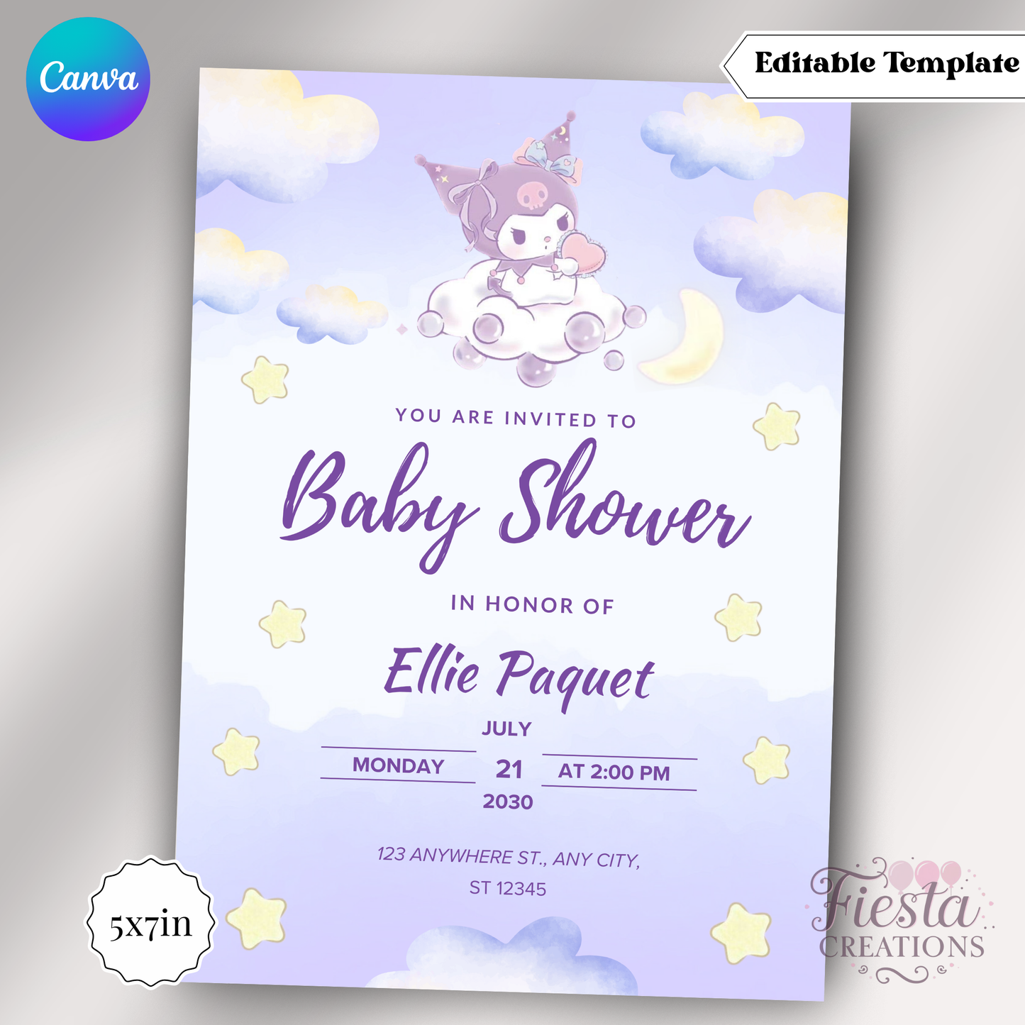 Purple Baby Shower 5x7in Invitation Template