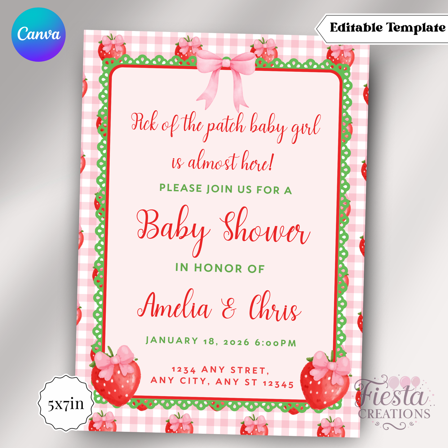 Strawberry Baby Shower 5x7in Invitation Template