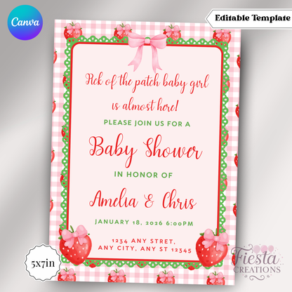 Strawberry Baby Shower 5x7in Invitation Template