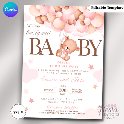 We Can Bearly Wait Pink 5x7in Invitation Template