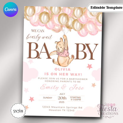 We Can Bearly Wait Winnie | 5x7 Editable Template | Instant Download