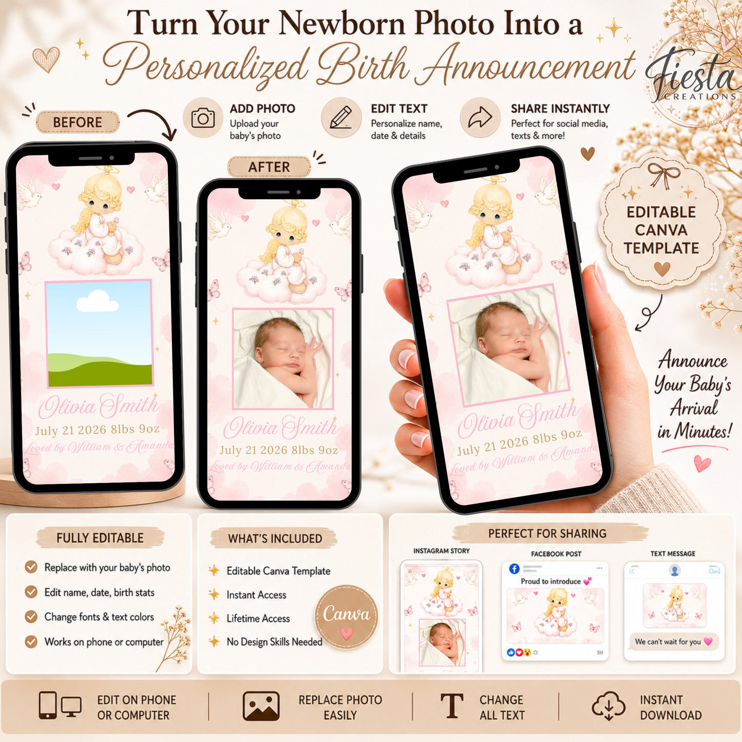 Precious Editable Baby Birth Announcement Template | Newborn Photo Announcement | Baby Introduction for Social Media | Canva Editable Template