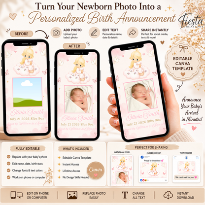Precious Editable Baby Birth Announcement Template | Newborn Photo Announcement | Baby Introduction for Social Media | Canva Editable Template